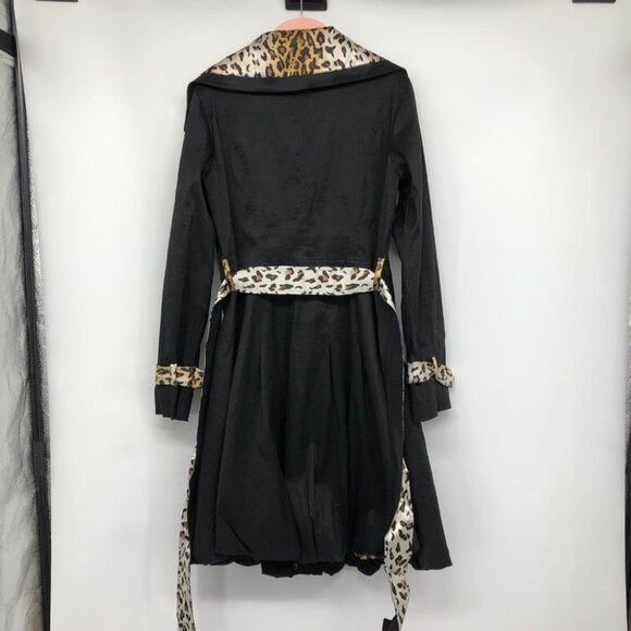 Bella Fare Black Cheetah Print Trim Lining retro slim fit Trench Coat size M - Picture 2 of 13